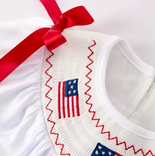 NEW Boutique 4th of July Girls Embroidered US Flag Smocked White Dress - Picture 2 of 12