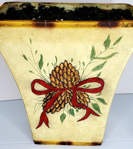 Resin Vase Christmas Ribbon Pine Cones Trash Can 12"H x 12"W x 6.5"Base x 7.5" D - Picture 7 of 12