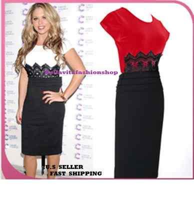 Women White Red Celebrity Style Black Lace Contrast Midi Stretch Bodycon  Dress | eBay