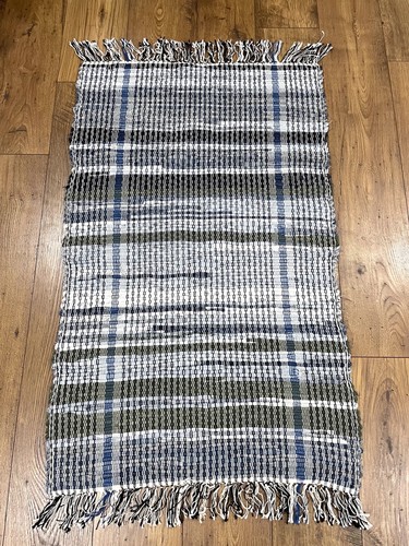 NEW Handmade Woven Rag Rug 27x43 Fringe Tassel Throw Rug Cotton Blue Green Denim