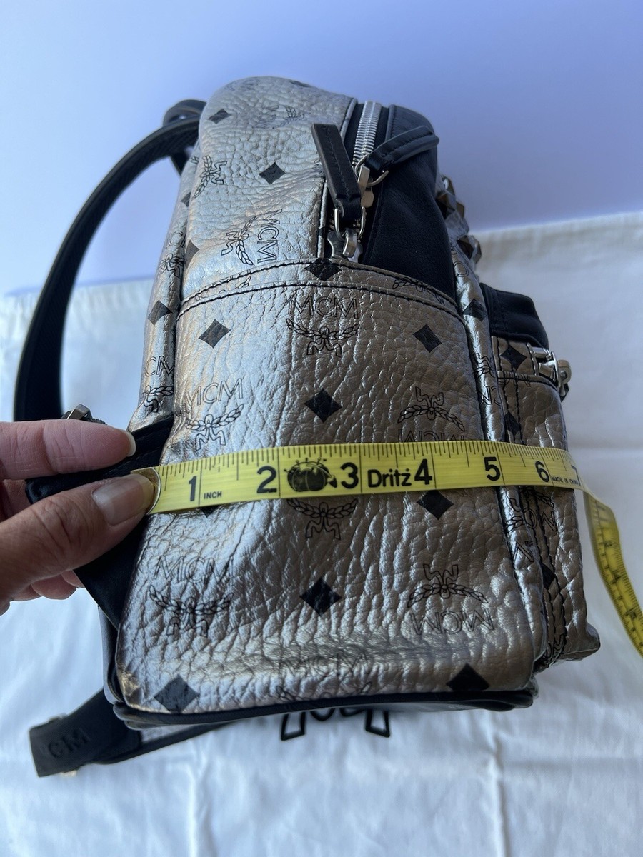 MCM Metallic Silver Monogram Visetos Studded Small Stark Backpack