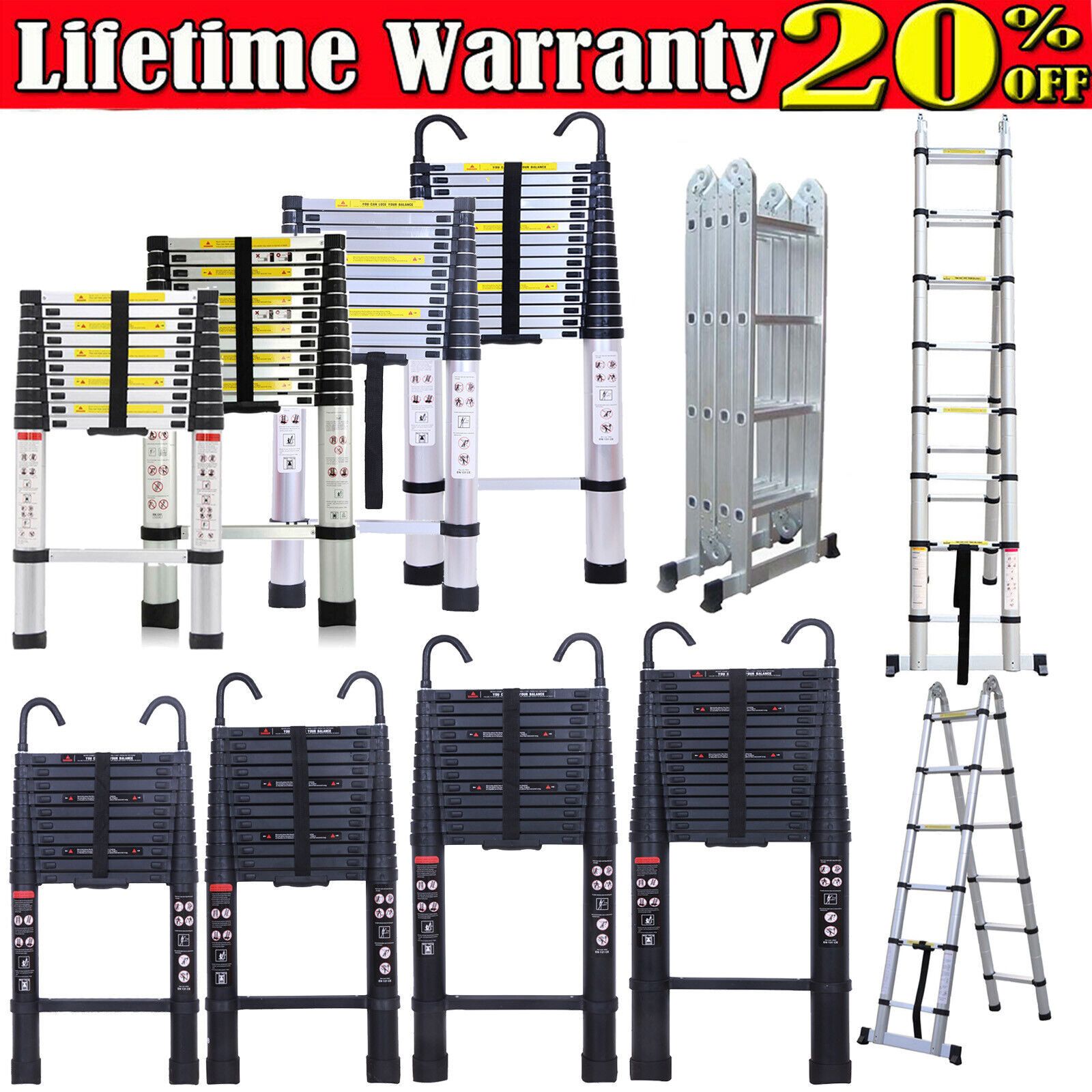 Aluminum Telescoping 最大85%OFFクーポン Ladder w Roof Detachable Hooks Multi-Purpo 国内外の人気