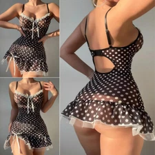 Womens Cute Polka Dot Sexy Lingerie Mesh Lace Dress Backless Sleepwear Nightwear