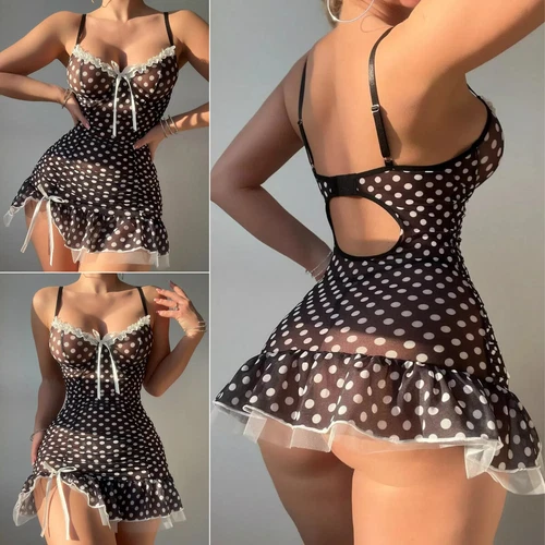 Womens Cute Polka Dot Sexy Lingerie Mesh Lace Dress Backless Sleepwear Nightwear