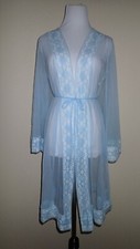 70s VTG Sears Light Blue Chiffon Peignoir Robe Cape Back Bell Sleeves Lace M