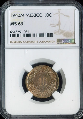 1940 Mexico 10 Centavos NGC MS63 Quality