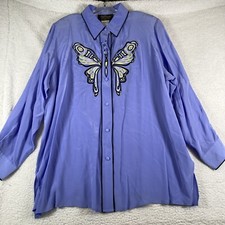 NWT Bob Mackie Women's Silk Long Sleeve Button Up Butterfly Blouse Top, Size 1X