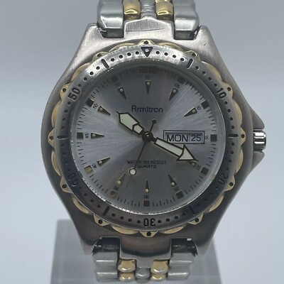 Armitron Mens Watch Day Date 40mm Two Tone Case Bracelet Quartz Three Hands