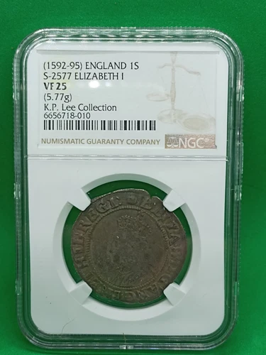 Pedigree 1592 England Elizabeth I QE I Shilling 12 Penny Pence S 2577 NGC VF 25