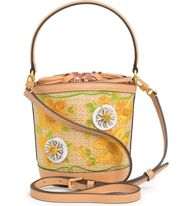 $428 - Tory Burch Robinson Embroidered Straw Bucket Bag in Natural