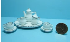 Dollhouse Miniature Basic White Ceramic Tea Set with Round Tray 10 Pieces RBD15