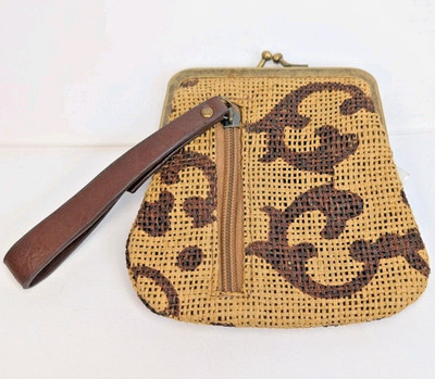 Engage Green NY Recycled Tan Brown Woven Paper Kisslock Framed Wristlet Bag