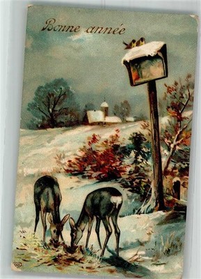 38164161 - Two Seeding Deer in Winter Hunting Animals E.A.S. New Year 1909