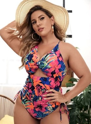 SHEIN Tropical Floral Print Cut Out Ruched One Piece Swimsuit NWT~Size 2X