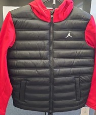Jordan Boys Hooded Puffer Jacket Black Red Size M Full Zip With Pockets