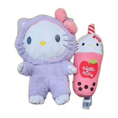 Anime Lavendar Kitty Plush Purple Hooded Cat  Pink Bow And Boba Tea Sanrio 2 Set