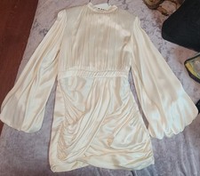 House of CB Ivory Satin High Neck Ruched Pleated Bell Sleeve Mini Dress L