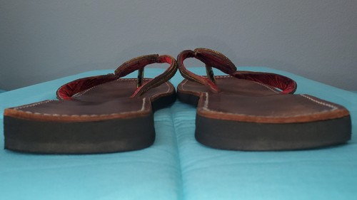 Vintage Handmade African Leather Sandals Tire Sole Beaded Flip Flops 40 - Picture 12 of 15