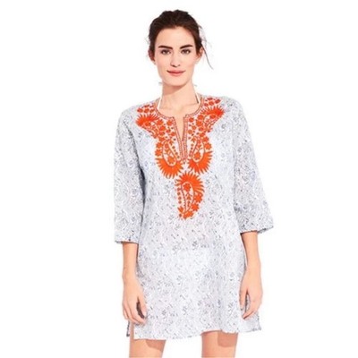 Roberta Roller Rabbit Embroidered Kurta Tunic Swim Cover Cotton Size Medium