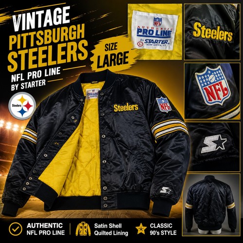 Vintage Pittsburgh Steelers Starter Jacket Satin Bomber Black Gold NFL Large USA - Picture 1 of 11