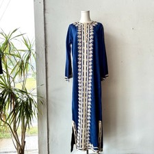 Vintage Moroccan Embroidered Moire Watered Silk Kaftan Djelba Caftan Tunic Dress