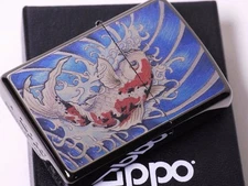 Zippo Lighter 2012 Metallic Inlay Koi Fish, Japan Market, High Polish Chrome New