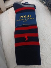 POLO RALPH LAUREN MEN'S NAVY RED STRIPE GRAY LOGOS DRESS SOCKS 3 PAIRS 24 NWT