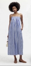 Madewell Blue White Striped Square Neck Smocked Midi Dress Pockets S