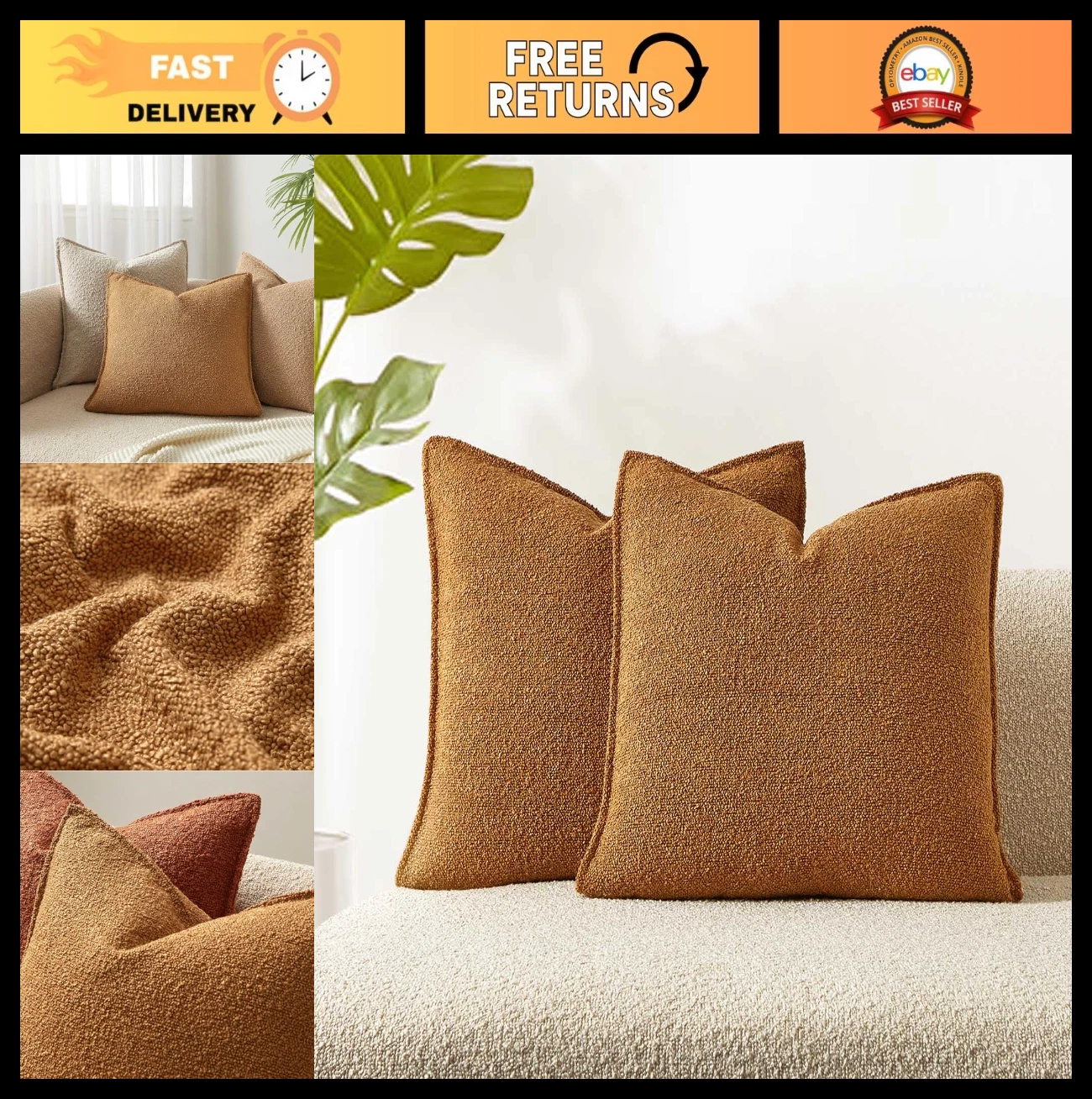Cozy 24x24 Decorative Throw Pillow Covers Set of 2 - Boucle Textured, Mustard Ye