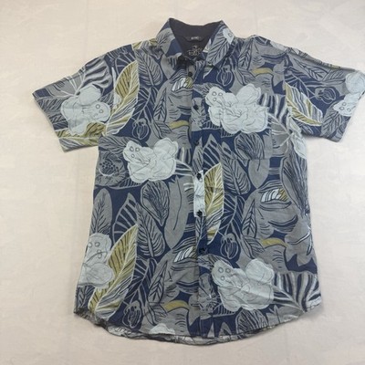 BOHIO Linen Blend Tropical Floral Shirt Blue Hawaiian Aloha Men s Small