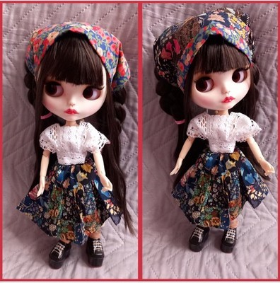 OOAK handgenähter Liberty Dolls Rock & Wende Kopftuch Oberteil Blythe Puppe