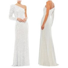 Mac Duggal NWT Sequined One Shoulder Trumpet Gown White Size 8 Puff Sleeve
