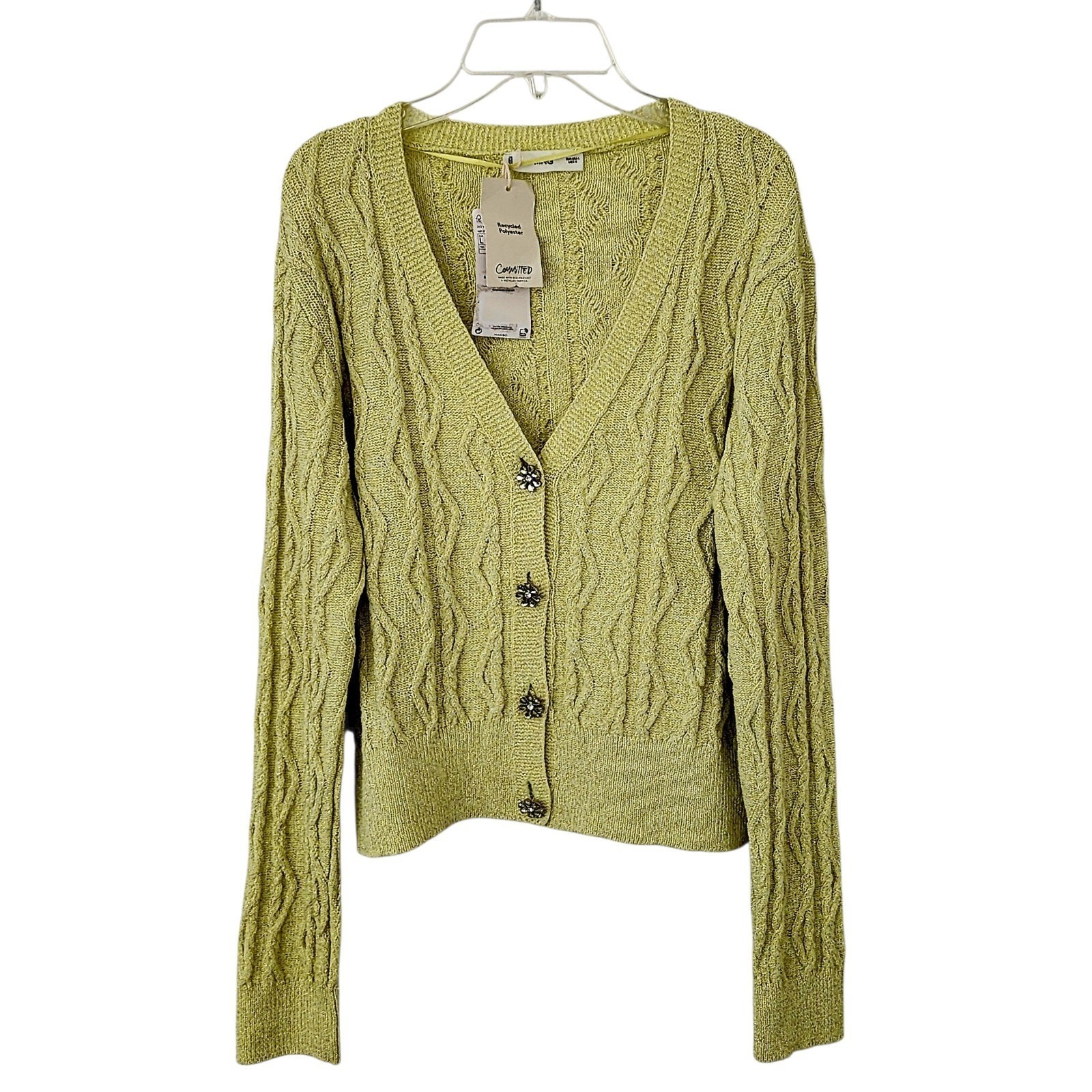 Mango Metallic Lurex Knitted Cardigan Lime Green Jewel Buttons New With Tags L