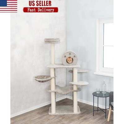 65 In Cat Tower Multi-Level W/Scratching Posts Hammocks Condo Plush Bed Gray New