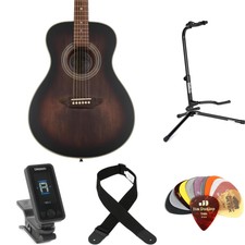 Luna Art Vintage Folk Acoustic Guitar Essentials Bundle - Distressed Vintage