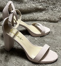 Lulus Kinsella Heeled Shoes Open Toe Nude Faux Suede Dance Wedding Womens 7
