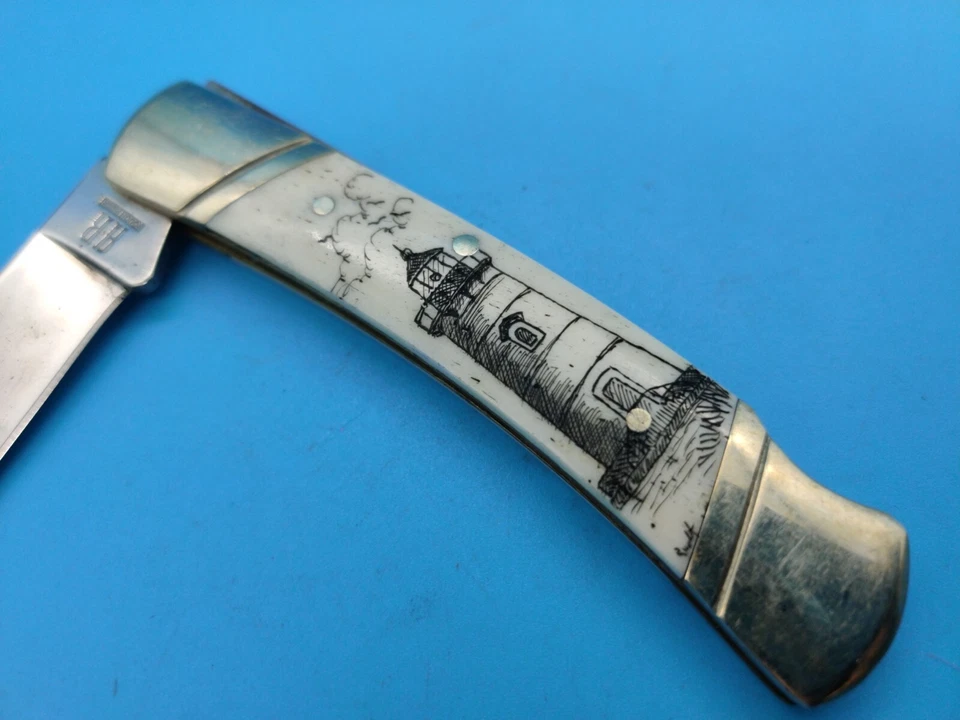 Rough Rider Etched Lighthouse Design Pocket Knife RR133 China Cattle Scrimshaw - Image 4 of 4
