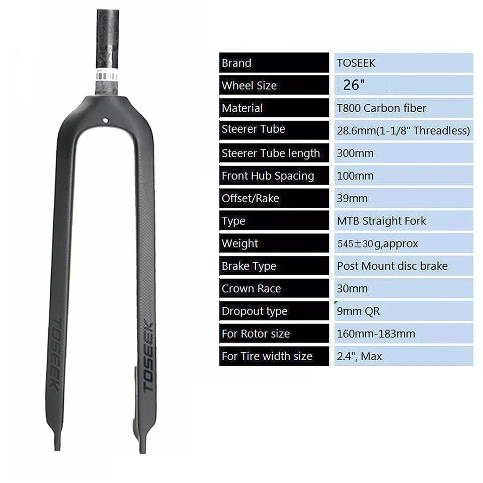 26" TOSEEK 1-1/8" Full Carbon Fiber MTB Fork Disc Brake Rigid Super Light Fork - Image 3 of 4