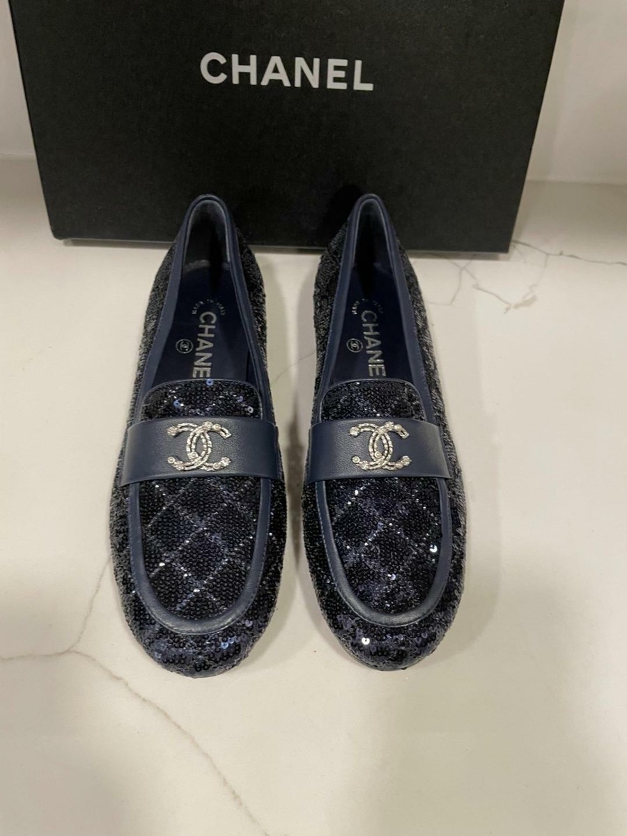 お値下げ可能☆CHANEL ミュール CHANEL 20A Sequin Leather Crystal Pearl CC Loafers Moccasin