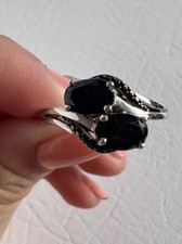 Oval Black Sapphire Bypass Ring 925 Sterling Silver Sz 8.75