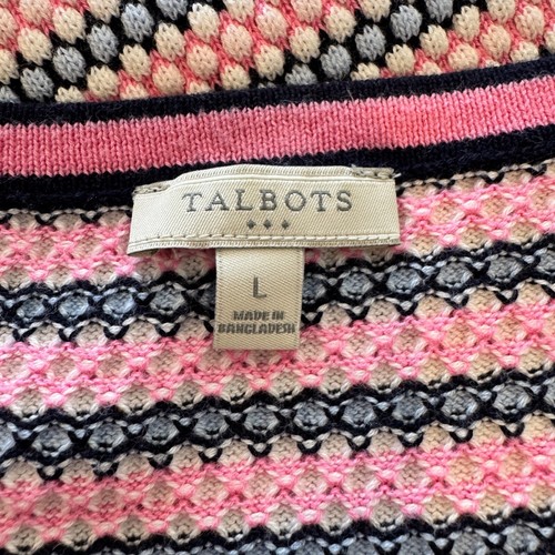 TALBOTS Cardigan Sweater LG Pink Navy White Stripes Dots Crew Preppy Spring - Picture 3 of 8