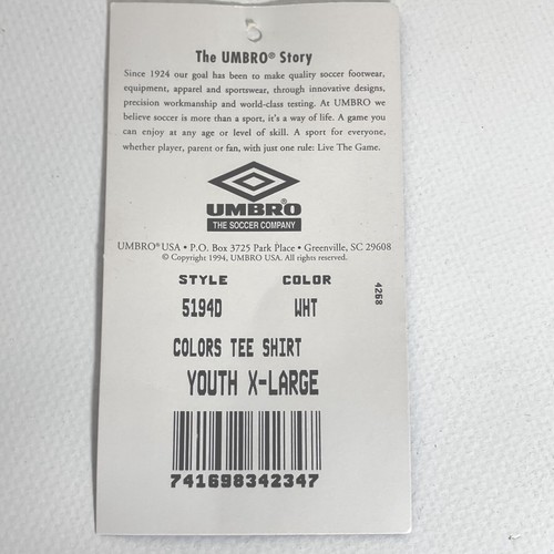 Vtg UMBRO T-Shirt Graphic Single Stitch Youth XL White Crew Neck NWT NOS 90s - Picture 16 of 17