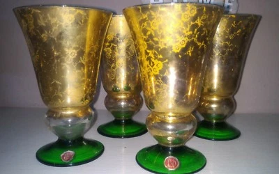 Service De 4 Verres De Table En Verre De Murano Or / Vert, Vintage Années 50 - Photo 1/4