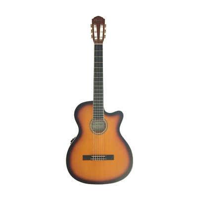 Caraya C551BCEQBS Thin-Body Classical Guitar, Sunburst w/ Free Accessories