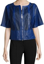 Escada Sport Lamb Leather Jacket 38 8 Blue Perforated Short Sleeves Stitching