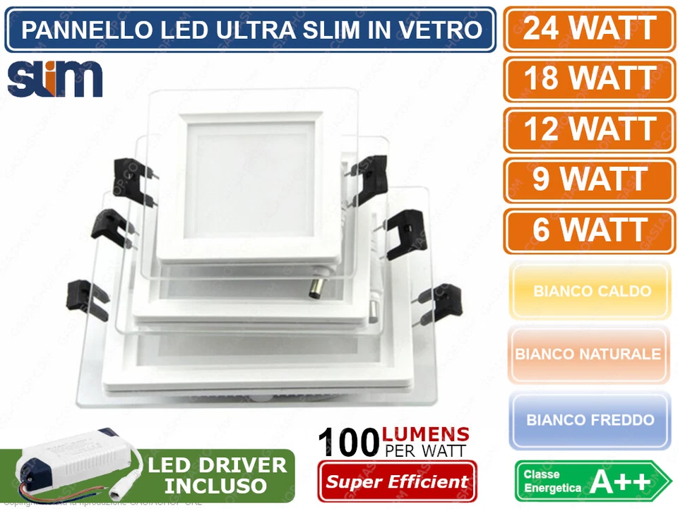 UNIVERSO FARETTO PANNELLO LED INCASSO QUADRATO 6W 9W 12W 18W 24W CORNICE IN VETRO OPCACO