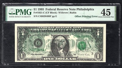 Note Offset 1995 $1 FRN FEDERAL RESERVE NOTE “OFFSET PRINTING ERROR” PMG EXTREMELY ...