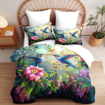 Botanical Flower Bird Comforter Set Queen, 3Pcs Blue Hummingbird Soft Bedding Se