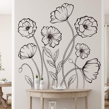 Black Flowers Wall Decals Simple Sketch Floral Wildflower Wall Stickers Large...