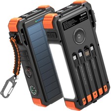 BLAVOR Solar Power Bank 20000mAh Built-in Cables, Wireless Charger for Orange 